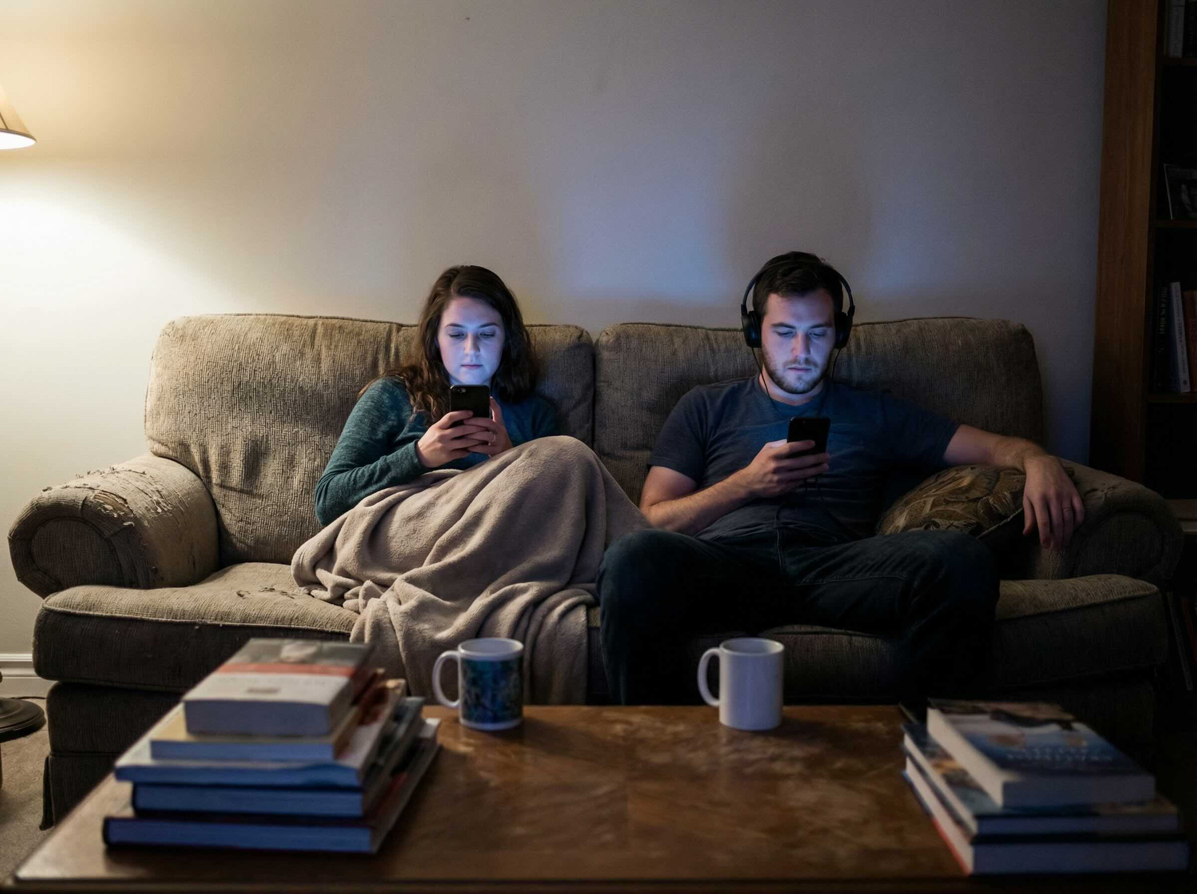 Couple distracted by phones instead of talking